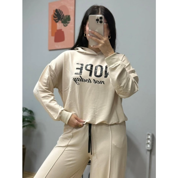 MDB Kadın Uzun Kollu Nope Baskılı Beli Ribanalı Ikili Takım