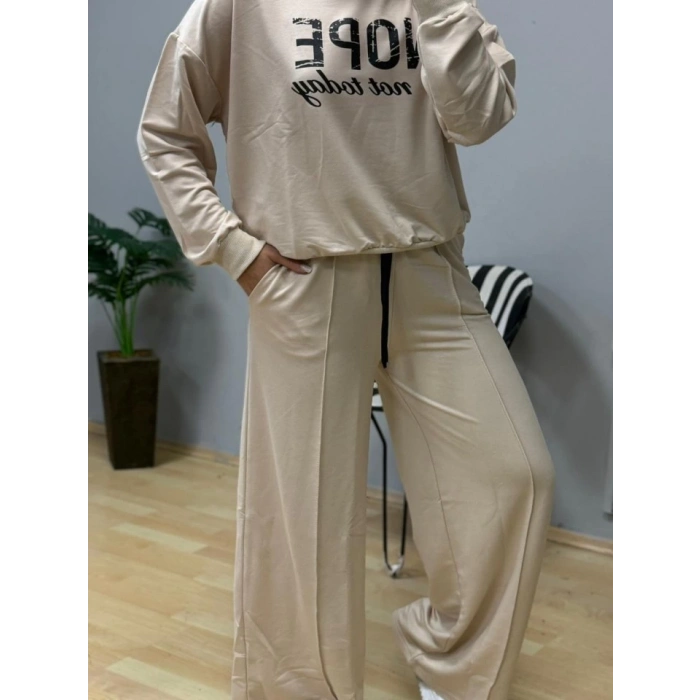 MDB Kadın Uzun Kollu Nope Baskılı Beli Ribanalı Ikili Takım