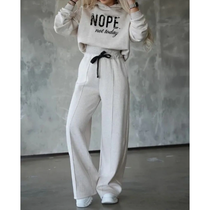 MDB Kadın Uzun Kollu Nope Baskılı Beli Ribanalı Ikili Takım