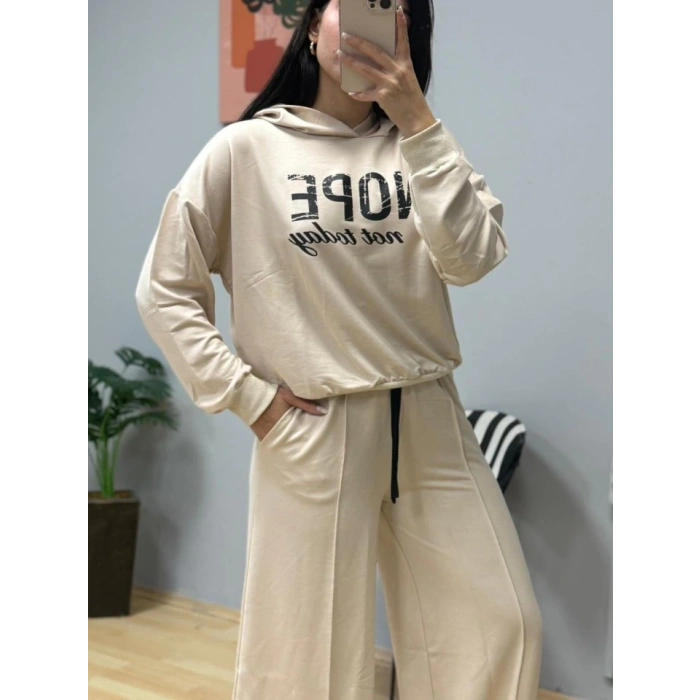 MDB Kadın Uzun Kollu Nope Baskılı Beli Ribanalı Ikili Takım