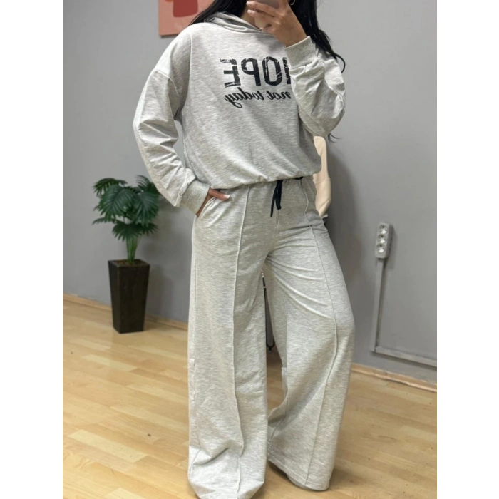 MDB Kadın Uzun Kollu Nope Baskılı Beli Ribanalı Ikili Takım