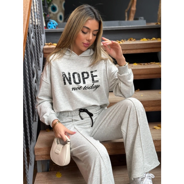 MDB Kadın Uzun Kollu Nope Baskılı Beli Ribanalı Ikili Takım