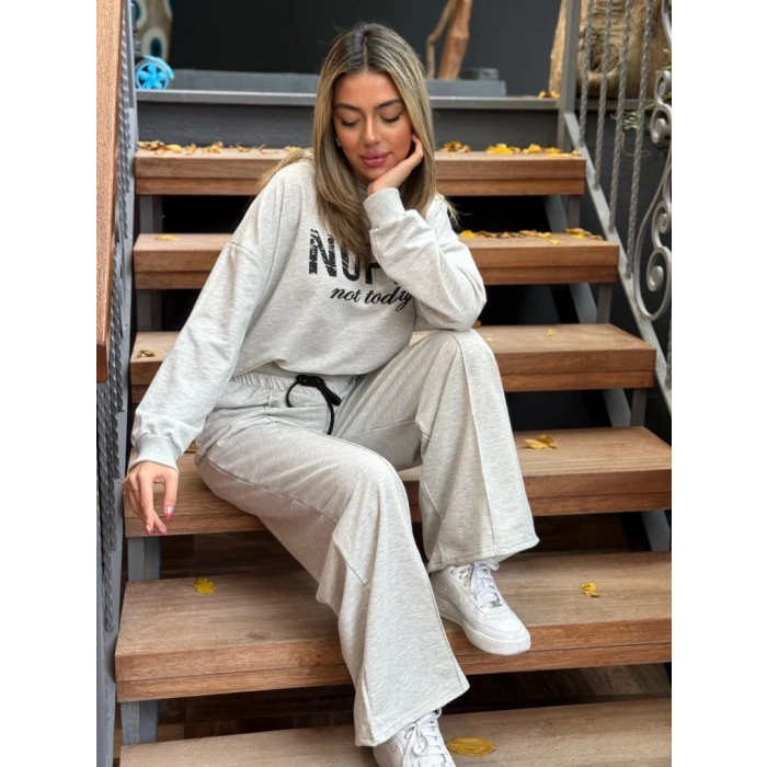 MDB Kadın Uzun Kollu Nope Baskılı Beli Ribanalı Ikili Takım