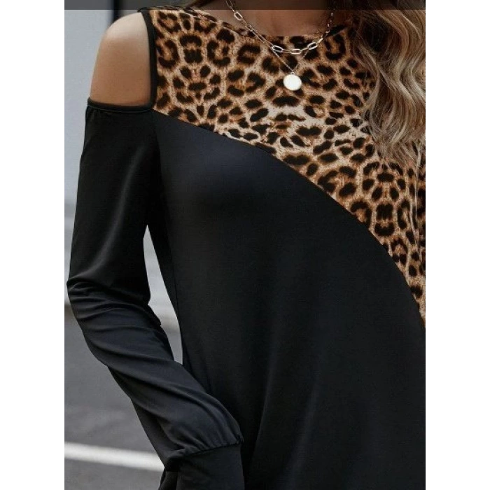 MDB Kadın Uzun Kollu Omuzdan Açık Leopar Desenli Viskon Iki Iplik Mini Elbise