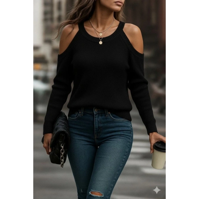 MDB Kadın Uzun Kollu Omuzlardan Açık Askılı Yuvarlak Yaka Triko Bluz