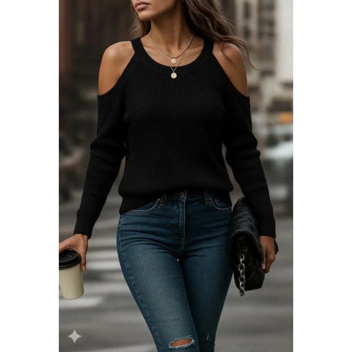 MDB Kadın Uzun Kollu Omuzlardan Açık Askılı Yuvarlak Yaka Triko Bluz