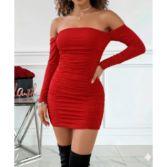 MDB Kadın Uzun Kollu Omuzlardan Açık Takma Kollu Büzgülü Sandy Kısa Elbise