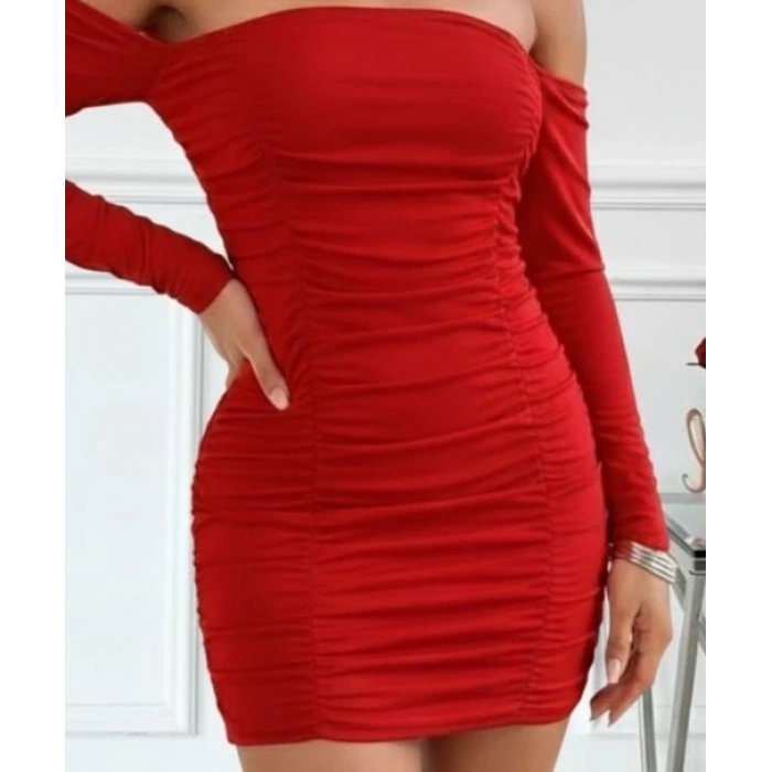 MDB Kadın Uzun Kollu Omuzlardan Açık Takma Kollu Büzgülü Sandy Kısa Elbise