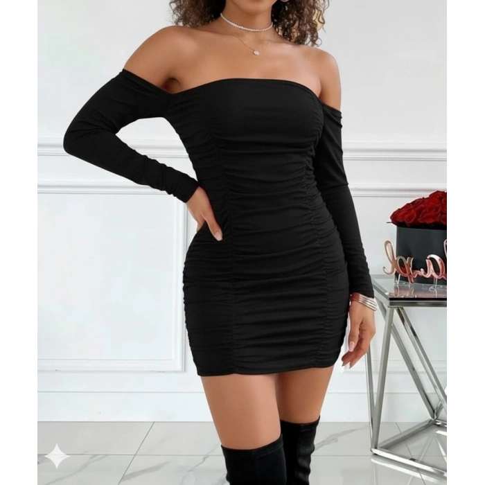 MDB Kadın Uzun Kollu Omuzlardan Açık Takma Kollu Büzgülü Sandy Kısa Elbise