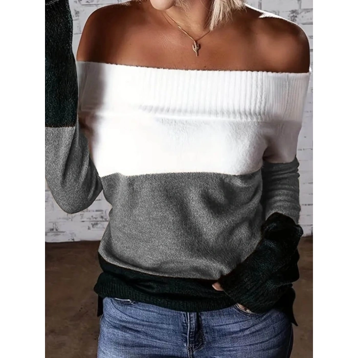 MDB Kadın Uzun Kollu Omuzlardan Açık Uzun Kollu Blok çizgili Triko Bluz