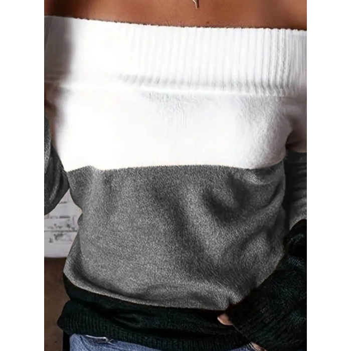 MDB Kadın Uzun Kollu Omuzlardan Açık Uzun Kollu Blok çizgili Triko Bluz