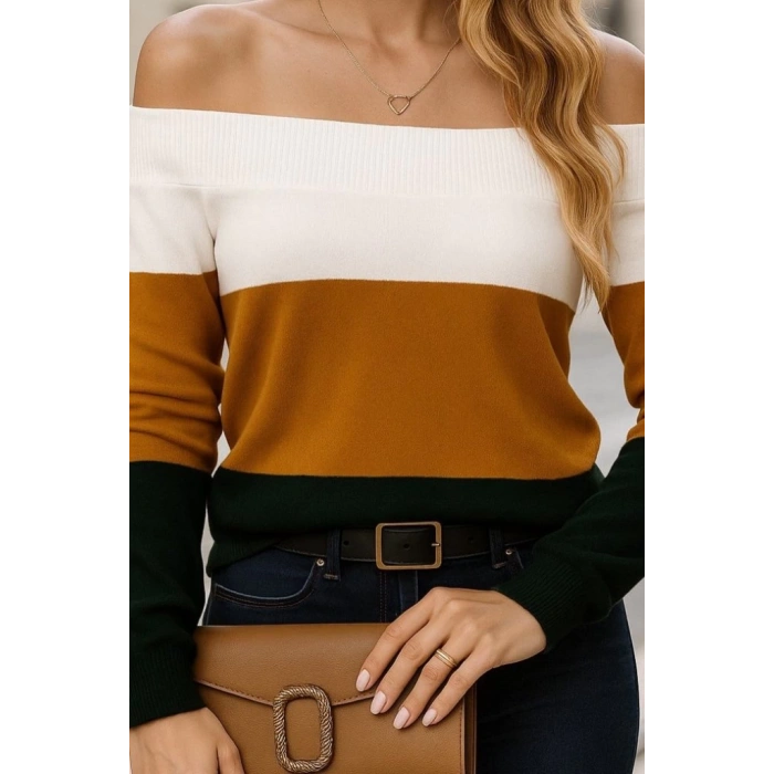 MDB Kadın Uzun Kollu Omuzlardan Açık Uzun Kollu Blok çizgili Triko Bluz
