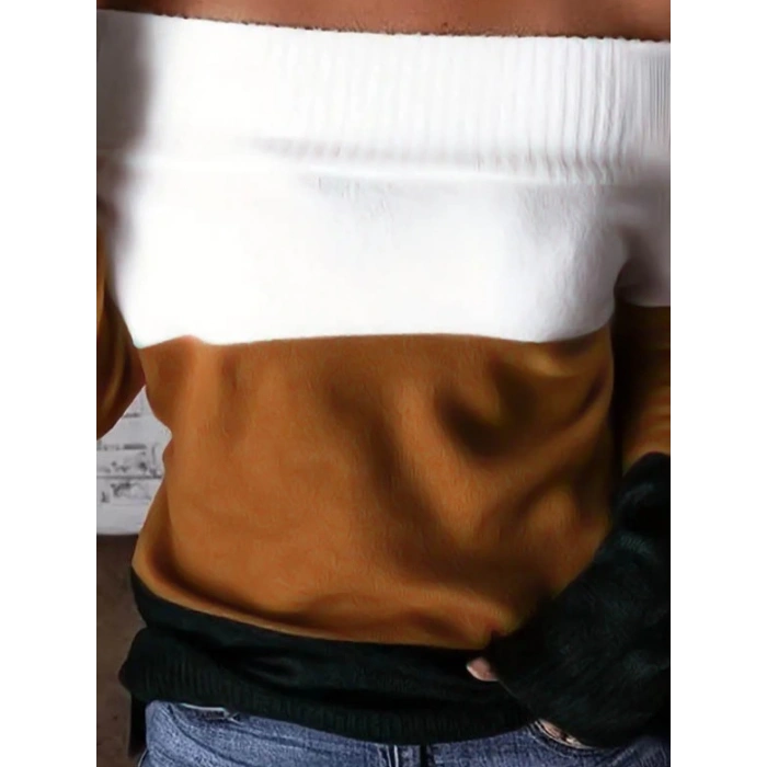 MDB Kadın Uzun Kollu Omuzlardan Açık Uzun Kollu Blok çizgili Triko Bluz