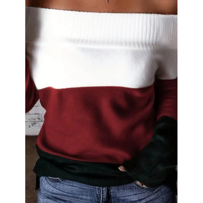 MDB Kadın Uzun Kollu Omuzlardan Açık Uzun Kollu Blok çizgili Triko Bluz