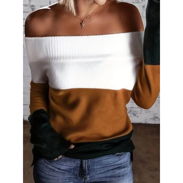 MDB Kadın Uzun Kollu Omuzlardan Açık Uzun Kollu Blok çizgili Triko Bluz