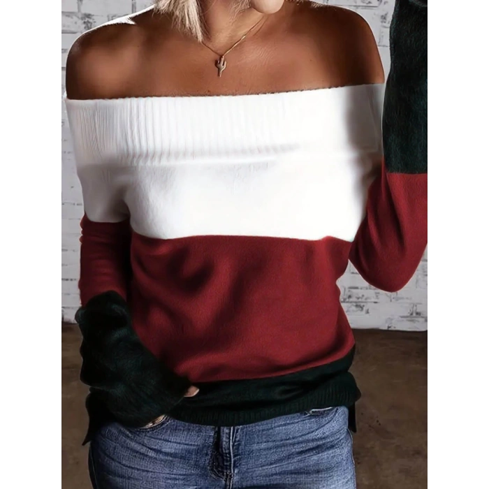 MDB Kadın Uzun Kollu Omuzlardan Açık Uzun Kollu Blok çizgili Triko Bluz