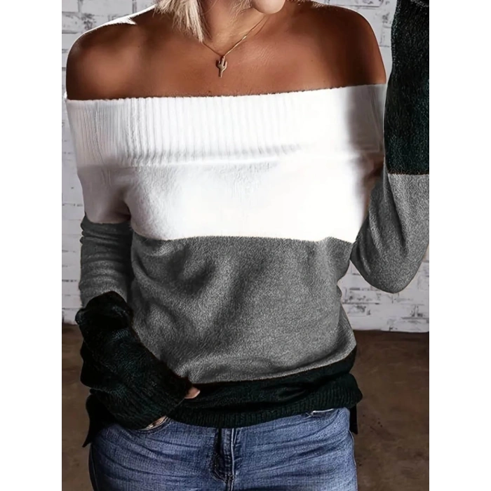 MDB Kadın Uzun Kollu Omuzlardan Açık Uzun Kollu Blok çizgili Triko Bluz