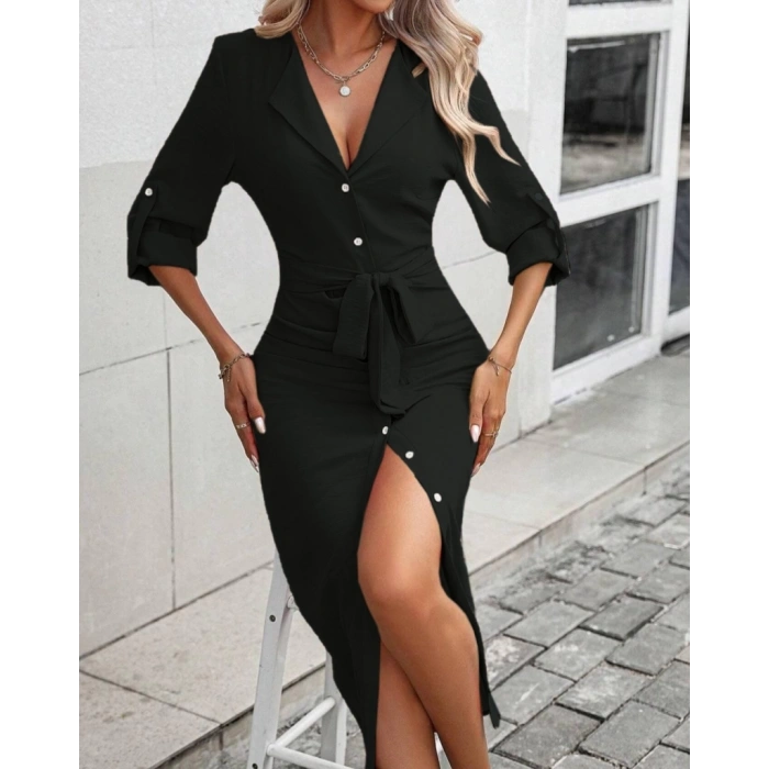 MDB Kadın Uzun Kollu önden Düğmeli Beli Kuşaklı Aerobin Midi Elbise