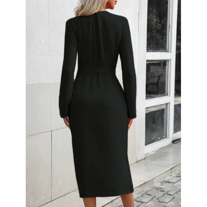 MDB Kadın Uzun Kollu önden Düğmeli Beli Kuşaklı Aerobin Midi Elbise