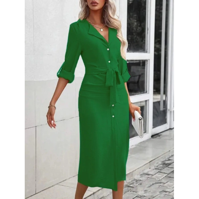 MDB Kadın Uzun Kollu önden Düğmeli Beli Kuşaklı Aerobin Midi Elbise