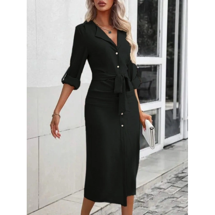 MDB Kadın Uzun Kollu önden Düğmeli Beli Kuşaklı Aerobin Midi Elbise