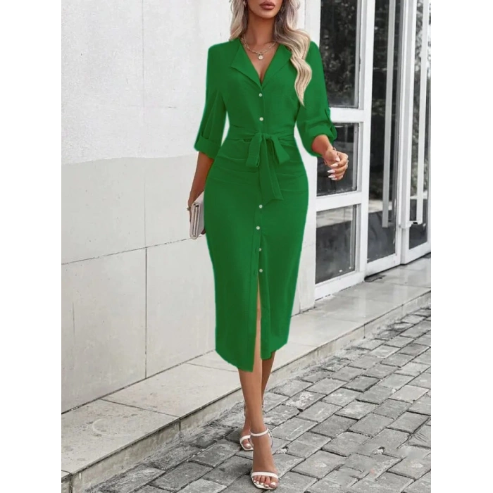 MDB Kadın Uzun Kollu önden Düğmeli Beli Kuşaklı Aerobin Midi Elbise