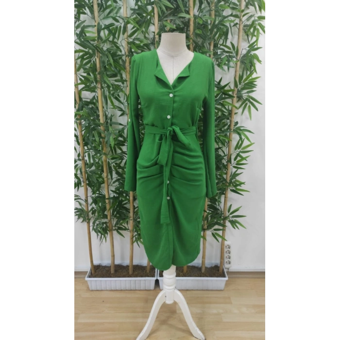 MDB Kadın Uzun Kollu önden Düğmeli Beli Kuşaklı Aerobin Midi Elbise