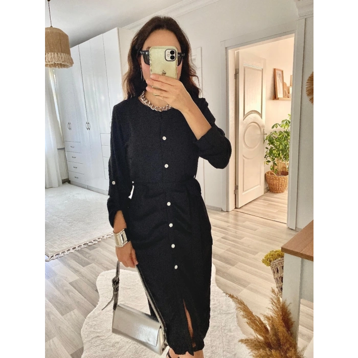 MDB Kadın Uzun Kollu önden Düğmeli Beli Kuşaklı Aerobin Midi Elbise