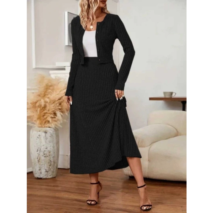 MDB Kadın Uzun Kollu önden Düğmeli Bluz Ve Yüksek Bel A Kesim Uzun Etek şardonlu Kaşkorse Ikili Takım