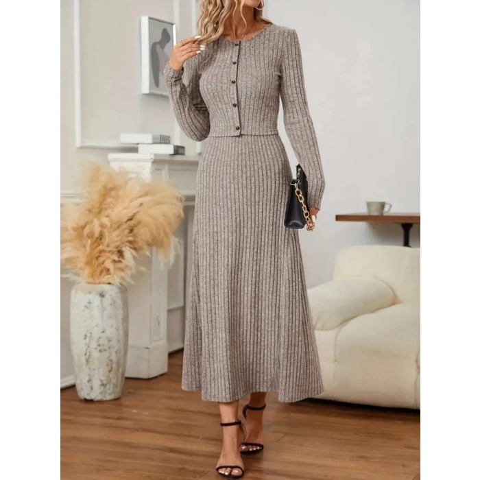 MDB Kadın Uzun Kollu önden Düğmeli Bluz Ve Yüksek Bel A Kesim Uzun Etek şardonlu Kaşkorse Ikili Takım