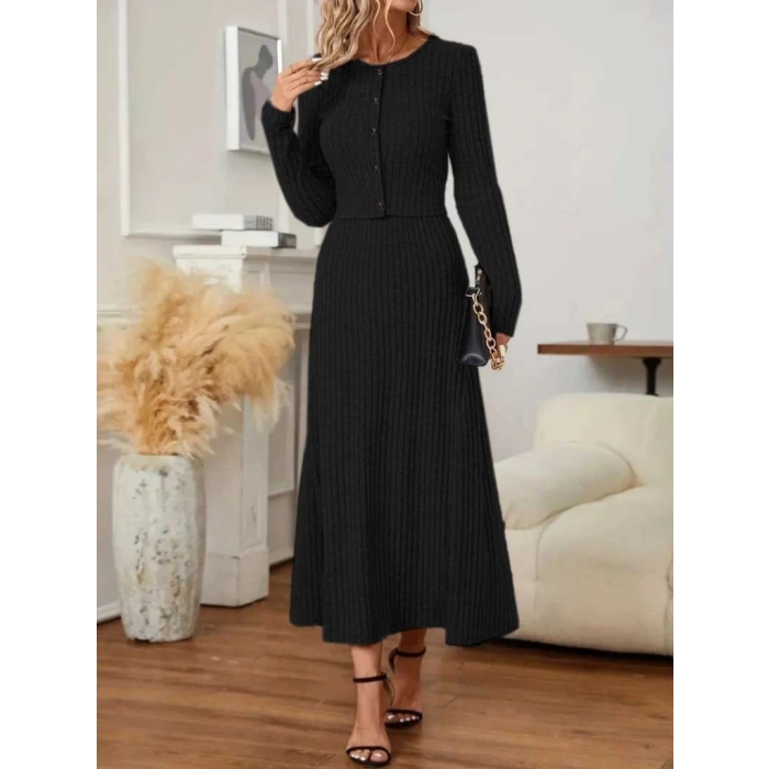 MDB Kadın Uzun Kollu önden Düğmeli Bluz Ve Yüksek Bel A Kesim Uzun Etek şardonlu Kaşkorse Ikili Takım