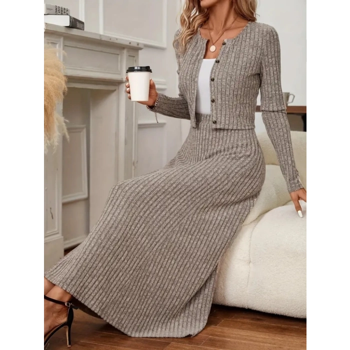 MDB Kadın Uzun Kollu önden Düğmeli Bluz Ve Yüksek Bel A Kesim Uzun Etek şardonlu Kaşkorse Ikili Takım