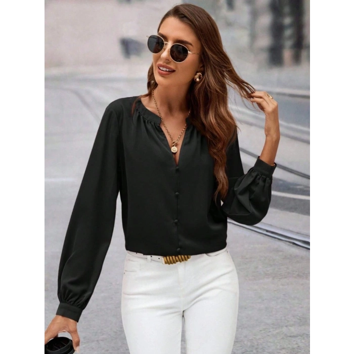 MDB Kadın Uzun Kollu önden Düğmeli Hakim Yaka Ithal Krep Bluz