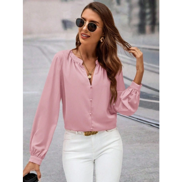 MDB Kadın Uzun Kollu önden Düğmeli Hakim Yaka Ithal Krep Bluz
