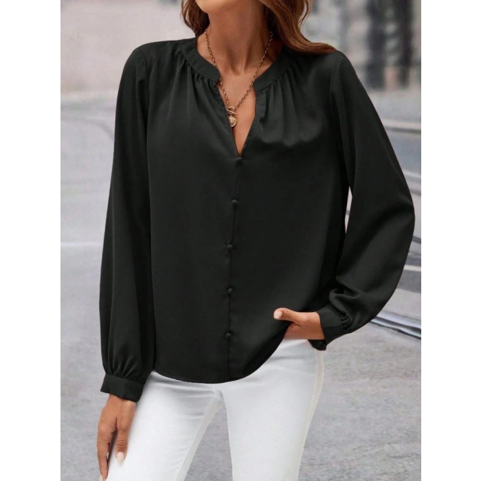 MDB Kadın Uzun Kollu önden Düğmeli Hakim Yaka Ithal Krep Bluz