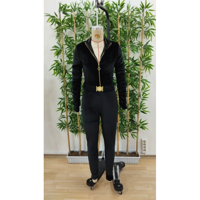 MDB Kadın Uzun Kollu önden Fermuar Detaylı Kemerli Kadife Tulum