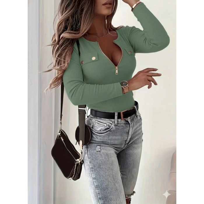 MDB Kadın Uzun Kollu önden Fermuar Ve Cepli Kaşkorse Bluz