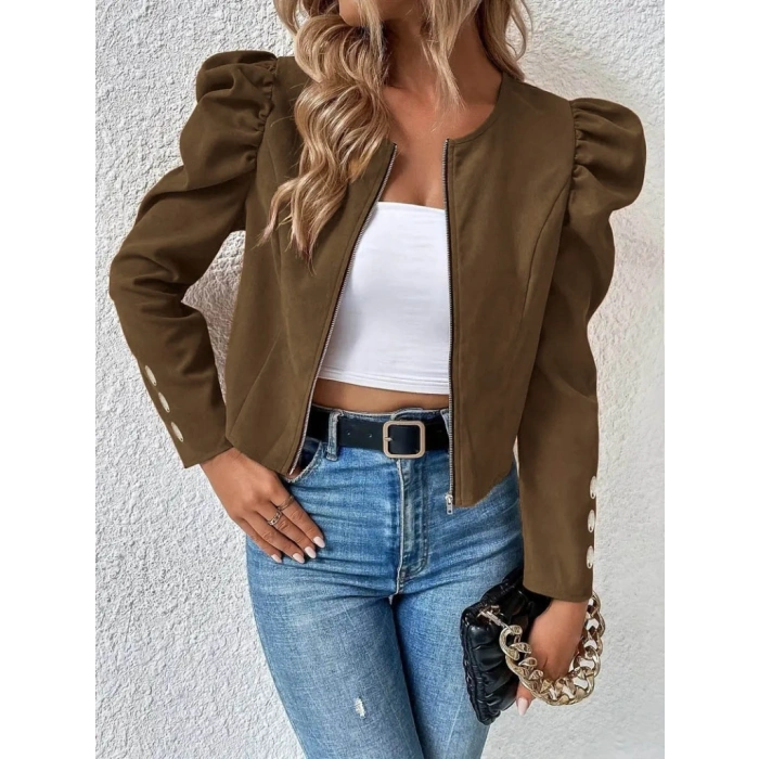 MDB Kadın Uzun Kollu önden Fermuarlı Balon Kol Süet Ceket