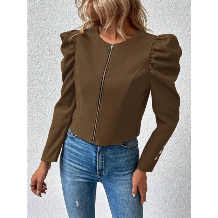 MDB Kadın Uzun Kollu önden Fermuarlı Balon Kol Süet Ceket