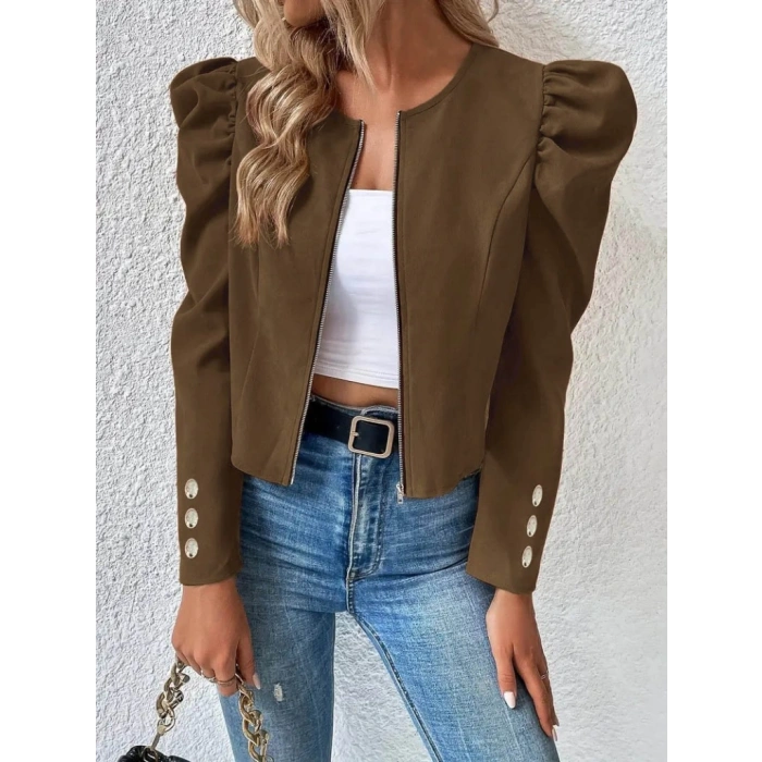 MDB Kadın Uzun Kollu önden Fermuarlı Balon Kol Süet Ceket