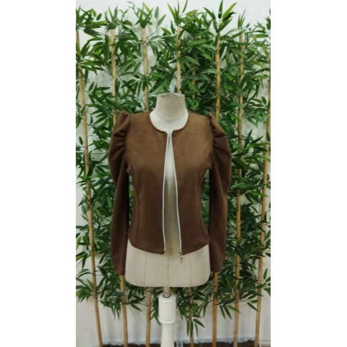 MDB Kadın Uzun Kollu önden Fermuarlı Balon Kol Süet Ceket