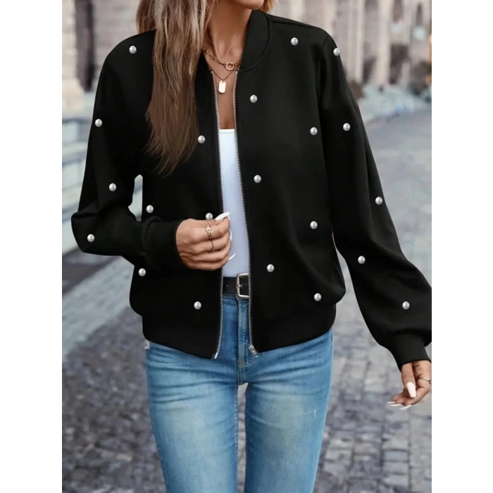 MDB Kadın Uzun Kollu önden Fermuarlı Incili Kısa Modal Ceket