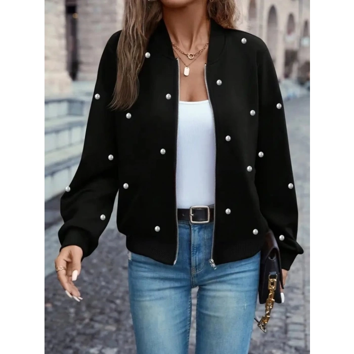 MDB Kadın Uzun Kollu önden Fermuarlı Incili Kısa Modal Ceket