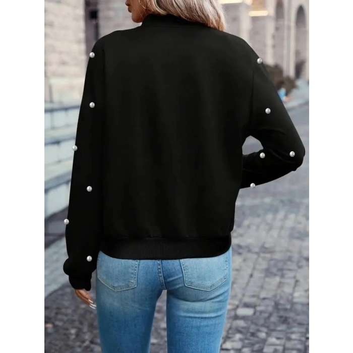 MDB Kadın Uzun Kollu önden Fermuarlı Incili Kısa Modal Ceket