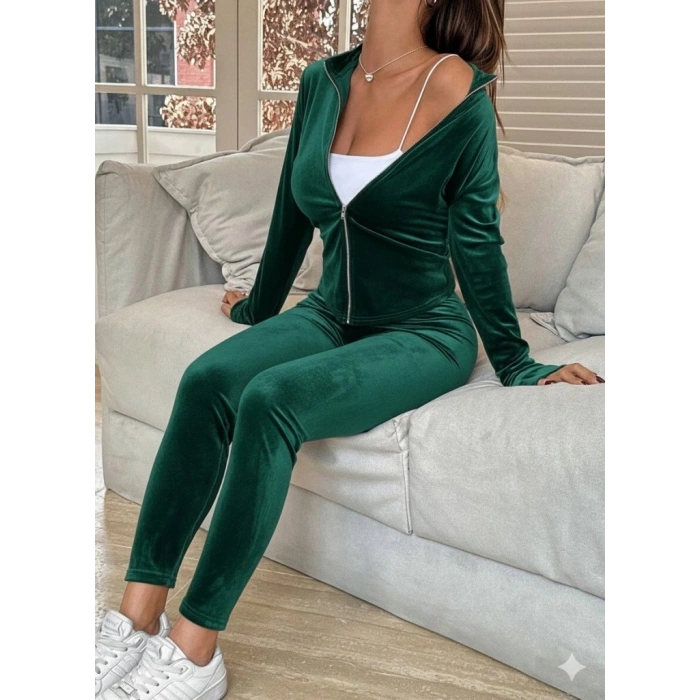 MDB Kadın Uzun Kollu önden Fermuarlı Kadife Bluz Ve Pantolon Ikili Takım