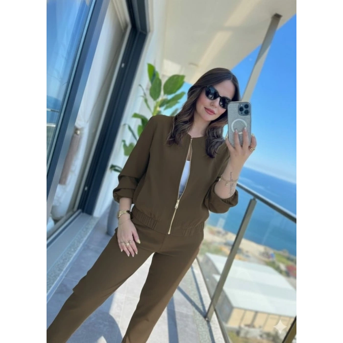 MDB Kadın Uzun Kollu önden Fermuarlı Modal Ceket Ve Pantolon Ikili Takım