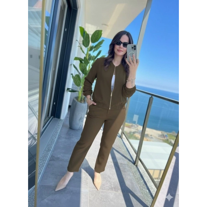 MDB Kadın Uzun Kollu önden Fermuarlı Modal Ceket Ve Pantolon Ikili Takım