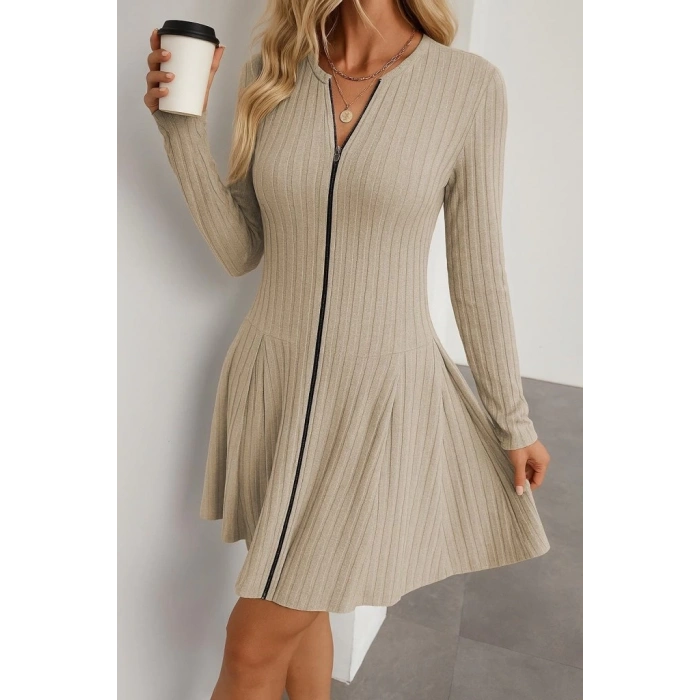 MDB Kadın Uzun Kollu önden Fermuarlı Pileli şardonlu Kaşkorse Mini Elbise