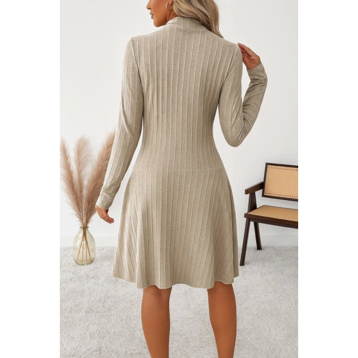 MDB Kadın Uzun Kollu önden Fermuarlı Pileli şardonlu Kaşkorse Mini Elbise