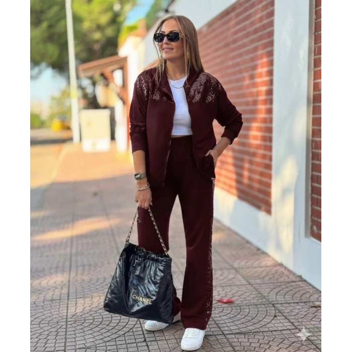 MDB Kadın Uzun Kollu önden Fermuarlı Pul Payetli Alt üst Viskon Iki Iplik Takım